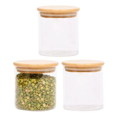 Imagem de Kit 3 Potes Porta Mantimento Hermético Vidro Borossilicato Redondo Tampa Bambu 800ml - Lehaví
