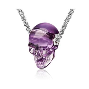 Imagem de Skullis Colar com pingente de caveira de pedra preciosa, ametista, citrino, pedra de um litro, obsidiana preta, lápis-lazúli, malaquita, calcedônia azul, colar de crânio de cristal esculpido com