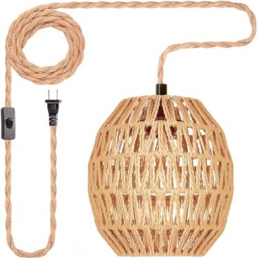 Imagem de Maliralt Lâmpadas Suspensas Luz Pendente de Rattan: Luzes Suspensas 16,4 Pés Plug In Cabo Luminária Pendente Plug Na Tomada de Parede Iluminação Pendente com Interruptor Liga/Desliga para Quarto Sal