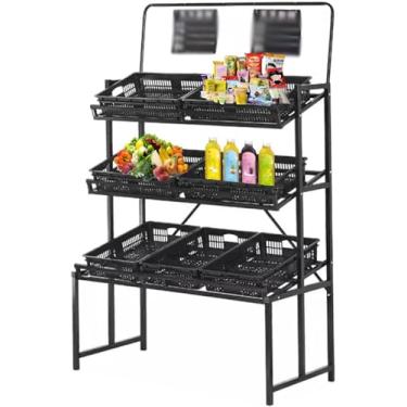 Imagem de Suporte de cesta de frutas e legumes, suporte de exibição de boca chanfrada para lojas, mercados de fazendeiros, prateleira de supermercado – moldura de ferro, estilo 3