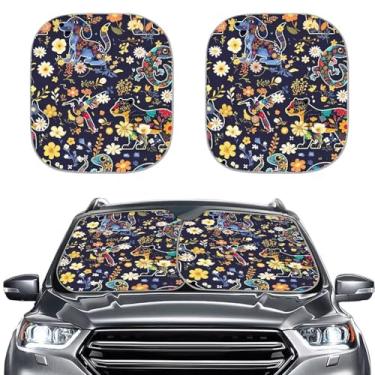 Imagem de Uskorhein Forest Botanical Animal pacote com 2 protetores de para-brisa de carro, lagarto mexicano, pássaro, viseira de sol automotiva, pala de sol margarida flor ditsy interior de veículo para carros