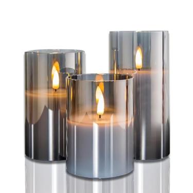 Imagem de CANDLE CHOICE Velas de pilar sem chamas de cera real operadas por bateria com temporizador, revestimento de vidro cinza, pavio preto realista, luzes de LED elétricas, cintilantes, festas de casamento,