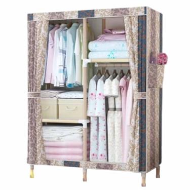Imagem de Guarda-roupa Armário de guarda-roupa resistente dobrável grosso madeira maciça montado oxford pano único tecido dormitório aluguel pano guarda-roupa armário