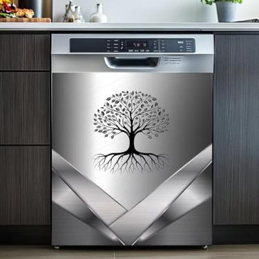 Imagem de Adesivo de capa decorativa de ímãs de lava-louças, design de aço inoxidável, padrão de árvore, decoração de cozinha, capa de ímã de geladeira, fácil de limpar, facilmente aparável, 58 cm L x 66 cm A