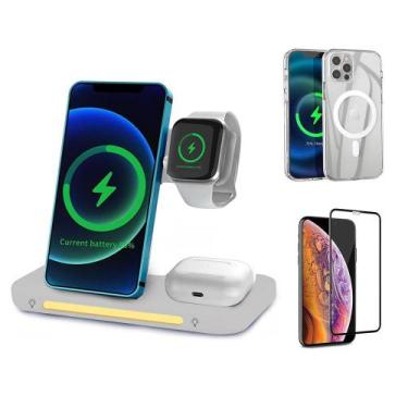 Imagem de Carregador Sem Fio 3 em 1 Indução + Capinha Magnética Magsafe + Pelícu