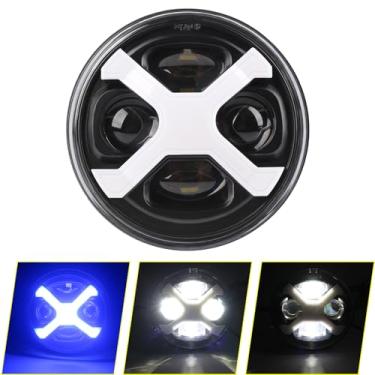 Imagem de SINLIRU Farol de motocicleta de LED preto de 14,6 cm, 5-3/4, DRL azul para Indian Scout Dyna Wide Glide XL1200 XG750 883 48 Night Road