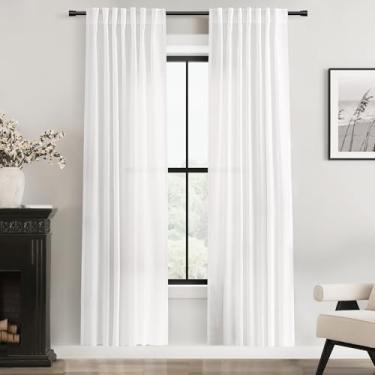 Imagem de Cortinas de linho branco 183 cm de comprimento, conjunto de 2 painéis para sala de estar, bolso traseiro, varão, semitransparente, filtro de luz, cortina de janela para quarto, 183 cm, algodão,