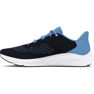 Imagem de Under Armour Tênis de corrida feminino com logotipo grande Charged Pursuit 3, (004) Preto/Azul Horizonte/Branco, 5.5