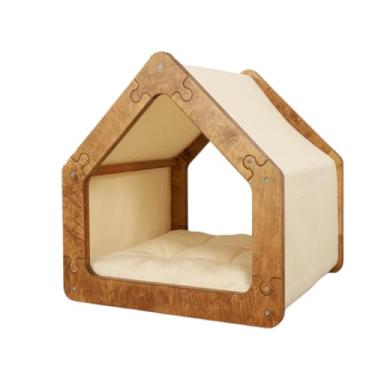Imagem de Cama Caminha para Pet Cachorro e Gato Tamanho Medio em Madeira e Tecido, Luma Pet, Design Casinha, com Almofada Macia, Bege e Marrom (BEGE, M)