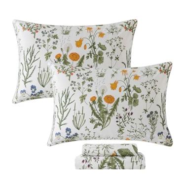 Imagem de FADFAY Lençóis 100% algodão egípcio, solteiro, GG, estampa botânica, floral, flores amarelas e folhas, roupa de cama de fazenda macia e respirável, cama campestre francesa, 4 peças, bolso profundo,