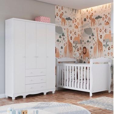 Imagem de Quarto de Bebê com Guarda-roupa 4 Portas e Berço Minicama 100% Mdf Nina Espresso Móveis Branco Brilho