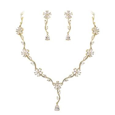 Imagem de Crysdue Conjunto de joias de videira de casamento, colar de gota com elegância de zircônia cúbica brincos pendentes para mulheres, joia de girassol para noiva, Zircônia cúbica, Zircônia cúbica