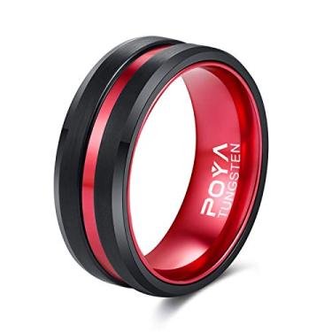 Imagem de POYA 8 mm Anel de carboneto de tungstênio preto fosco borda chanfrada interior vermelho aliança de casamento, Ouro, metal, titânio, tungstênio, carboneto de tungstênio