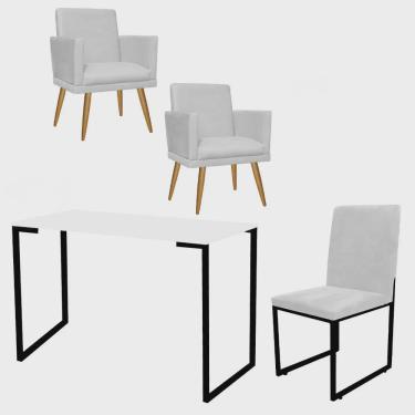 Imagem de Kit Escritório Stan 2 Poltronas Rodapé com Cadeira e Mesa Industrial Branco Preto Corino Branco - Ahz Móveis