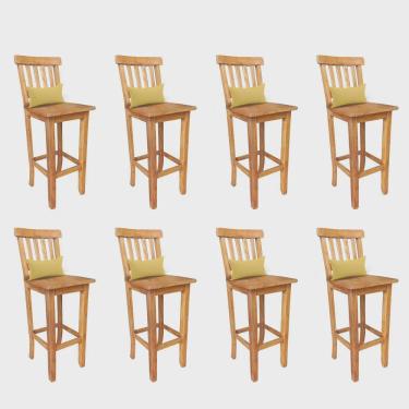 Imagem de Kit 08 Banqueta Alta Com Encosto Wood Madeira Maciça Peroba Rosa Com Almofada Sintético Amarelo - Ahz Móveis