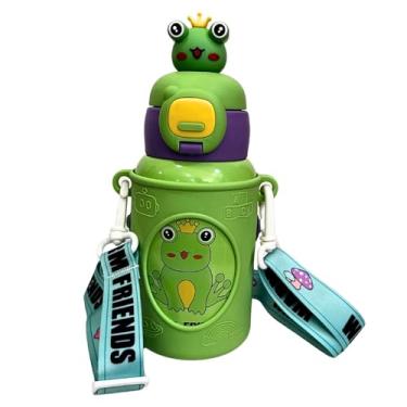 Imagem de Garrafa Térmica Infantil 450ml Inox Parede Dupla com Alça Ajustável e Canudo de Silicone (Verde | Sapinho)