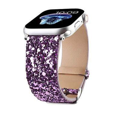 Imagem de JOHIPI Pulseira brilhante compatível com Apple Watch Ultra 2/1 de 38 mm, 40 mm, 41 mm, 42 mm, 44 mm, 45 mm, 46 mm, 49 mm, pulseira de couro com glitter brilhante para Apple Watch séries 10, 9, 8, SE