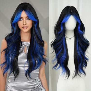 Imagem de 7JHH WIGS Perucas Longas Onduladas De 31 Pol. Com Mechas Azuis E Pretas, Naturais, Com Franja Cortina, Fibra Sintética Natural Resistente Ao Calor, Parte Central, Perucas Femininas Cacheadas Ombré