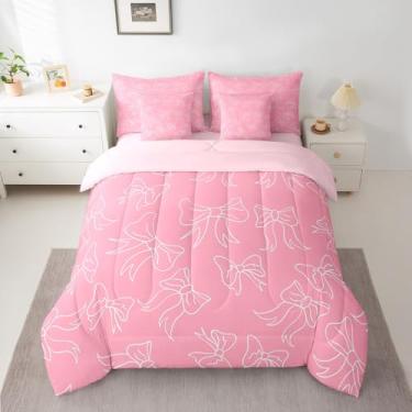 Imagem de Feelyou Conjunto de edredom com laço fofo, 7 peças, tamanho Queen, rosa, para todas as estações, para crianças, mulheres, homens, cama de laço, com edredom, lençóis, fronhas e capa de almofada