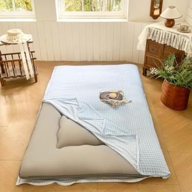 Imagem de Capa de futon de colchão japonês guingão azul claro para colchão de 7,6 a 10 cm de espessura, capa de colchão xadrez xadrez de tatame japonês, tapete de dormir quadriculado para o chão (cinza claro