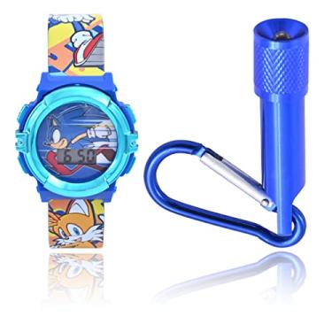 Imagem de Conjunto de relógio digital Sonic Mega Kids – luzes piscantes de LED, visor de relógio LCD, chaveiro lanterna, relógio infantil, meninas ou meninos, pulseira de plástico em azul (modelo: SNC40050MAZ), Azul, Relógio de pulso digital