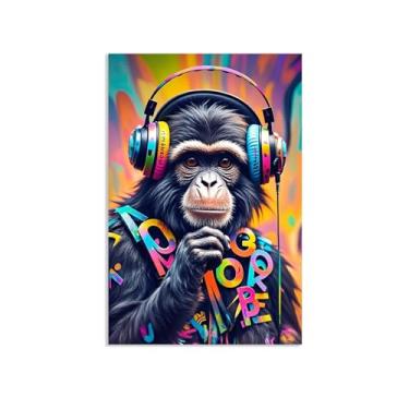 Imagem de Macaco gorila animal pintura inspiradora imagens pôsteres impressões arte macaco ouvir música grafite banksy arte de parede para sala de estar escritório decoração de parede 45 x 30 cm (18 x 12