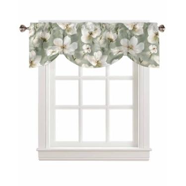 Imagem de Artwork Store Cortinas de saia amarrada verde sálvia pétalas brancas saia de cozinha para janela sala de estar 137 x 45 cm, filtro de luz ajustável, persiana de amarração, bolso para varão, 1 painel