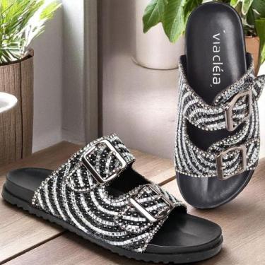 Imagem de Rasteira Papete Feminina Com Pedrarias Luxuosas De Couro Premium Via C