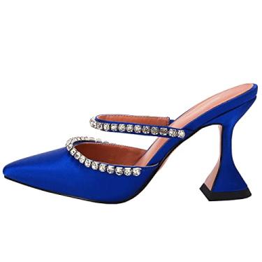 Imagem de VETASTE Sapatos femininos de salto fino com tiras e salto de cetim cristal mules para festa de casamento, Azul, 9.5