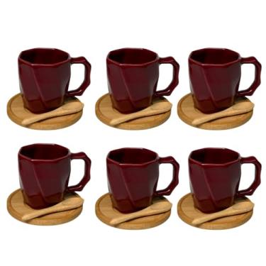 Imagem de Kit 6 Canecas de Cerâmica 120ml com Colheres e Pires de Bambu – Design Minimalista, Ideal para Café e Presentes - E-FCS Store (Magenta)