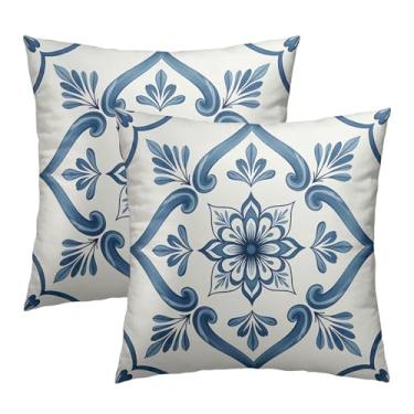 Imagem de Cafl Boho Capas de almofada geométricas florais azuis e brancas capas de almofada quadradas 45,7 x 45,7 cm para quarto, sofá, cadeira, cama, decoração de casa, conjunto de 2