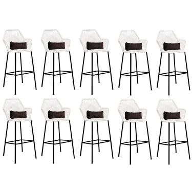 Imagem de Kit 10 Banqueta Alta Com Encosto Balcão Ferro Preto Fibra Branco Almofada Suede Marrom