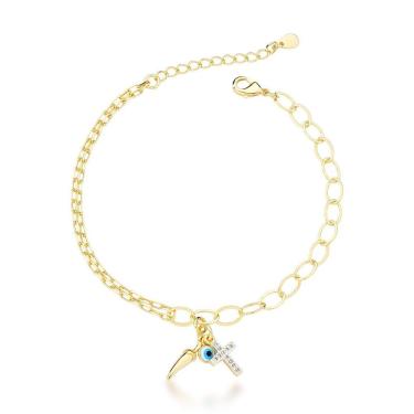 Imagem de Pulseira Olho Grego, Pimenta E Cruz Banhada A Ouro 18k - 18cm