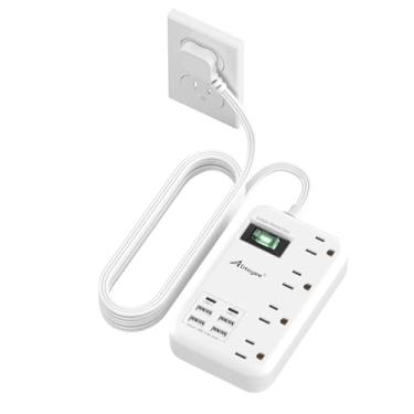 Imagem de Alitayee Filtro De Linha Com 6 Usb (2 C) E Protetor Contra Surtos - Viagem Estação Carregamento 24 W 4 Extensores Tomada Extensíveis, Cabo Extensão Plano Pés Para Montagem Na Parede Dormitório Domés