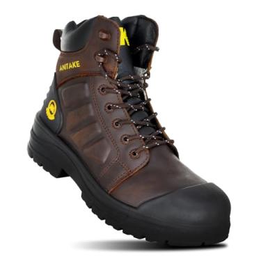 Imagem de ANITAKE Botas De Trabalho Masculinas Com Biqueira Aço, Construção Antiderrapante E Resistente A Perfurações, 6 Polegadas, Couro Integral, Segurança
