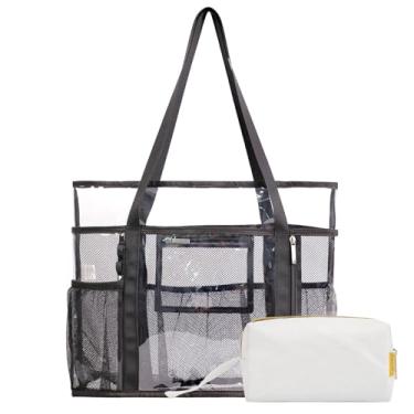 Imagem de TINYAT Bolsa grande transparente para mulheres, bolsa de praia de malha com zíper, bolsa de viagem transparente, bolsa de ombro para férias, natação, academia, Preto/90647, One Size