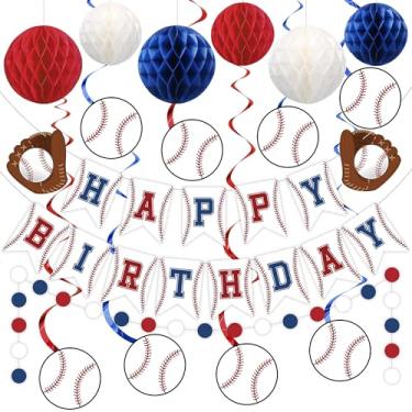 Imagem de Decorações de festa de beisebol, faixa de feliz aniversário, bolas de beisebol, bolas de colmeia para pendurar redemoinhos circulares, guirlanda de pontos para decoração de festa de aniversário com