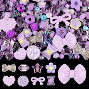 Imagem de 150 peças de contas pastel acrílicas para fazer joias, laço colorido Kalolary borboleta flor kawaii plástico doce coração fofo macaroon contas estéticas para pulseira, colar, suprimentos DIY (roxo)