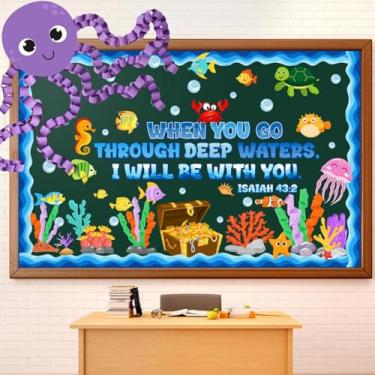 Imagem de Fullhawl Quadro de avisos sob o mar 3D animais marinhos decorações de sala de aula bordas de quadro de avisos faça você mesmo polvo religioso versículo bíblico recortes para verão domingo escola sala