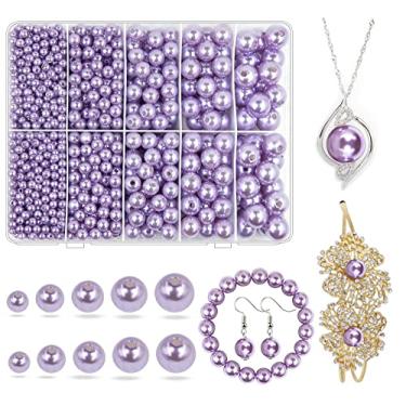 Imagem de Miçangas de pérola roxa para fazer joias, 1750 peças pérola roxa clara com furo 4 mm, 6 mm, 8 mm, 10 mm, 12 mm, contas espaçadoras soltas para colar, pulseira, brincos, anel, gargantilha e decoração de vestido de casamento (roxo)