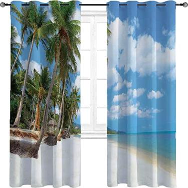 Imagem de Cortinas blackout oceânicas para quarto - Cortinas escurecidas com isolamento térmico com ilhós para sala de estar, tratamento de sombreamento completo cortina de isolamento de cozinha, L 213 cm x C