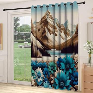 Imagem de Divisória de parede de cortina de sala de lago, arte de cena de montanha com girassóis em tom gelado, prado e floresta escura, para quarto, jardim de infância, sala de estar, L 236 x C 211 cm azul