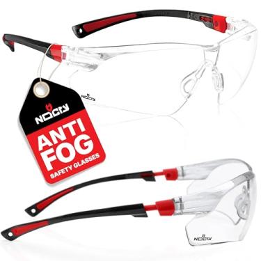 Imagem de Óculos de segurança NoCry com lentes envolventes transparentes, antiembaçantes, resistentes a arranhões e antiderrapantes, com proteção UV. Molduras ajustáveis, pretas e vermelhas (pacote com 10)