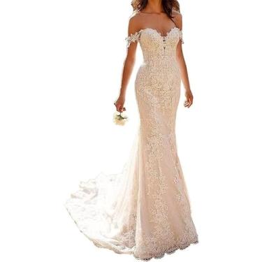 Imagem de Vestido De Noiva De Praia De Renda Bohemian Vestido De Noiva Longo, White, 48