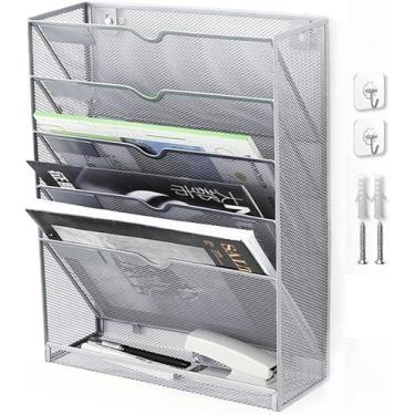 Imagem de Organizador De Arquivo De Parede Vertical De 5 Camadas Malha De Metal Suporte De Arquivo Pendurado Para Montagem Na Parede Com Orifício Pendurado Papel Documento Magazine Rack Para, Silver