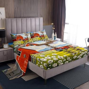 Imagem de Manfei Jogo de lençol King com caminhão celeiro vermelho, rústico, moinho de vento, moinho de vento, decoração de quarto, retrô, cabana de fazenda, pastagem, flores brancas, lençol com elástico, 2