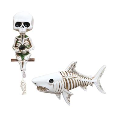 Imagem de Esquirla Mini estátua de esqueleto de pesca, estatueta de caveira fofa, escultura de caveira de pescador, enfeites de Halloween para aquário interno e externo