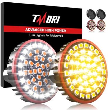 Imagem de TMORI Lâmpada de LED de 1157 de 2" e kit de luz de corrida com duas cores (21 branco + 27 âmbares) dianteiro ou traseiro compatível com Harley Davidson Motorcycles Bullet Style Blinker Lamp (pacote com 2) com capas de lente