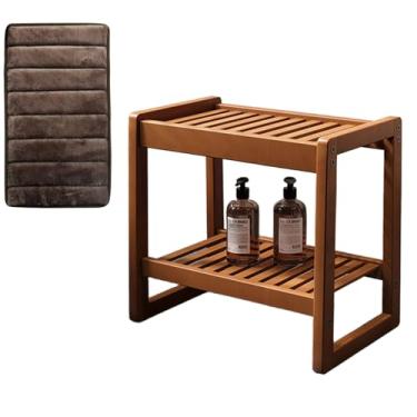 Imagem de Banco de chuveiro de madeira com prateleira e alça, banco de banho antiderrapante com almofada macia, banco de entrada portátil de 100 kg, para adultos, idosos, deficientes, à prova d'água e fácil de