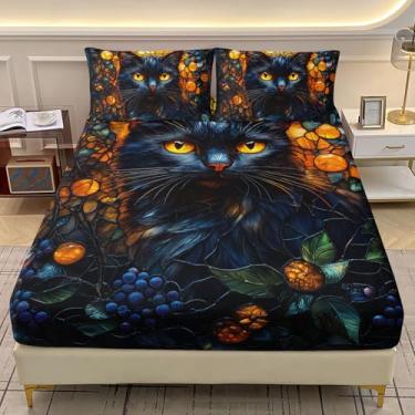 Imagem de AILONEN Jogo de cama solteiro de gato preto, tamanho GG, com olhos dourados, estampa floral gótica, macio, lençol com elástico e 2 fronhas, 3 peças